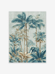 Illustrative tropical jungle wall art with an elephant walking among blue and brown palm trees and lush foliage.