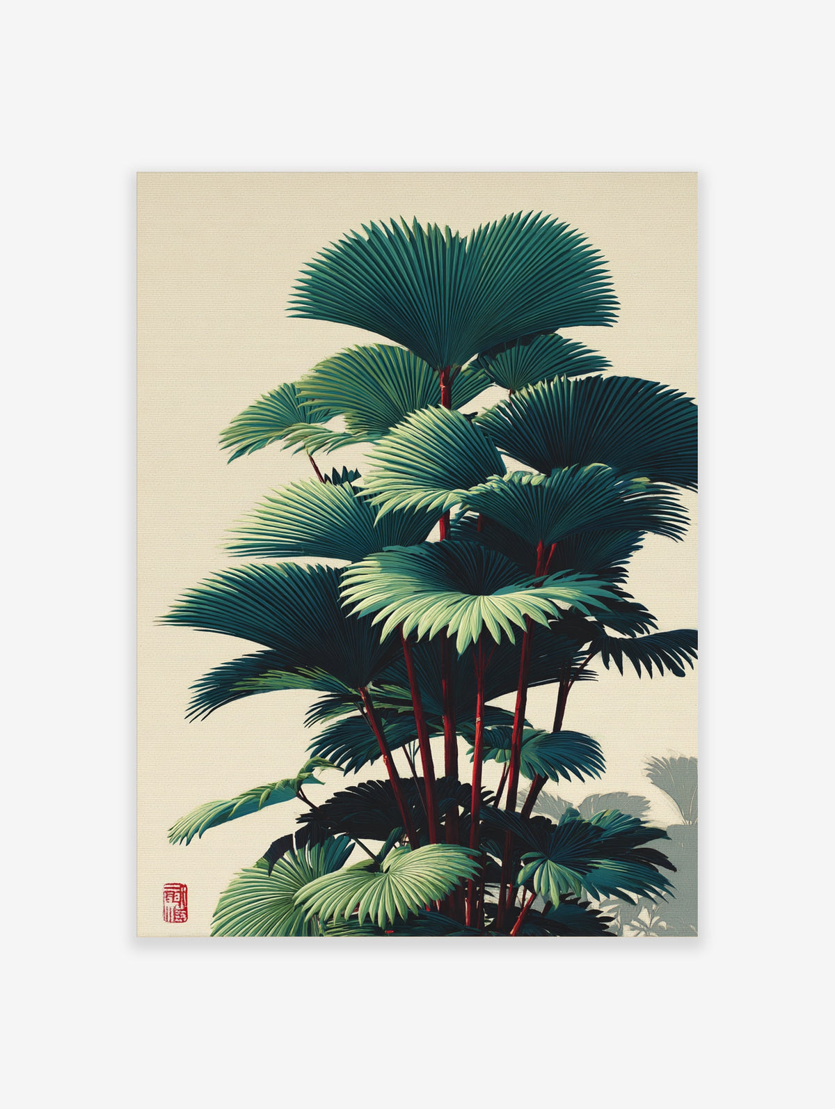 Tropical fan palm botanical art print with green fronds and red stems on beige background