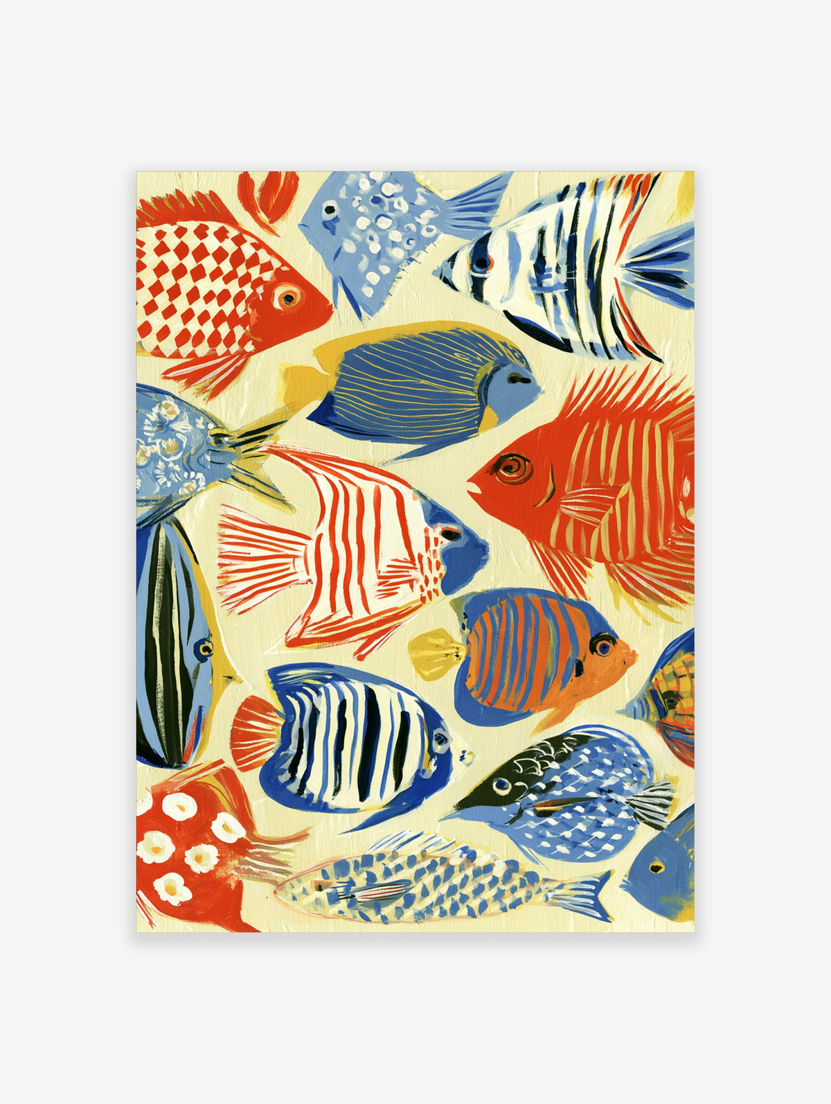 Colourful tropical fish art print with patterned reef fish in red, blue and yellow on cream background