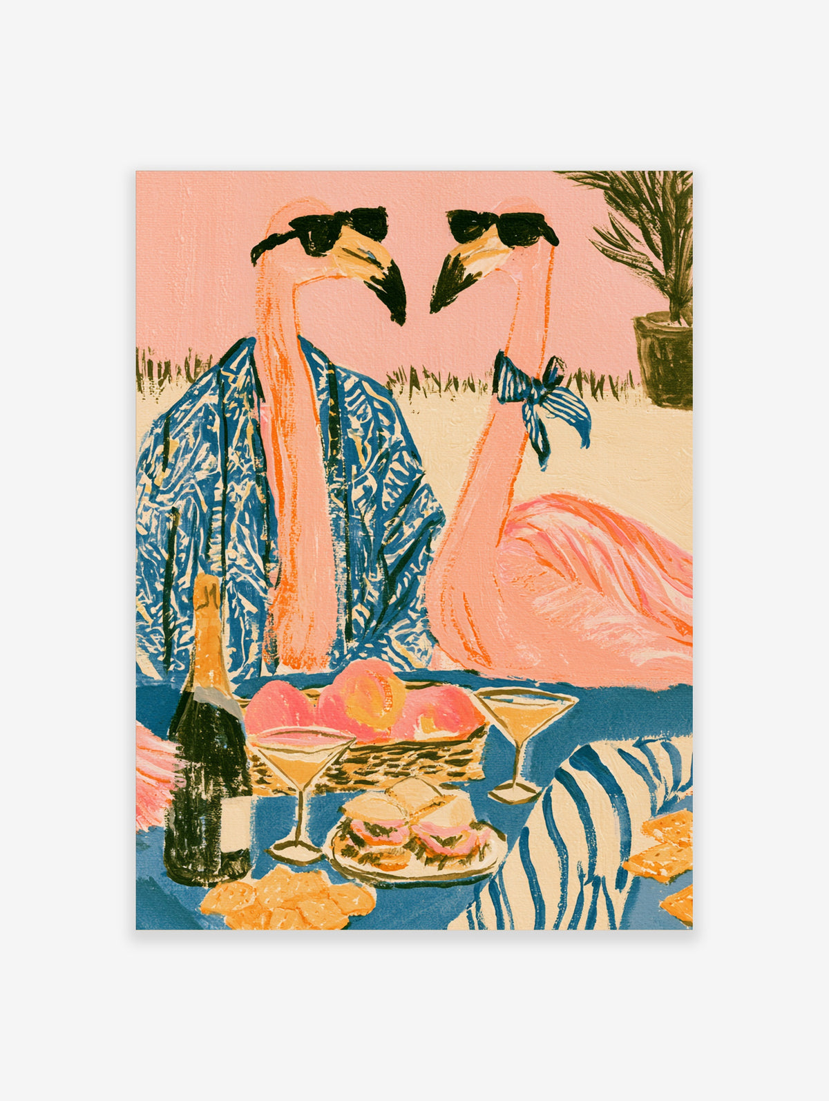 Tropical flamingo cocktail party poster with two flamingos in sunglasses and blue robes beside a table with champagne and