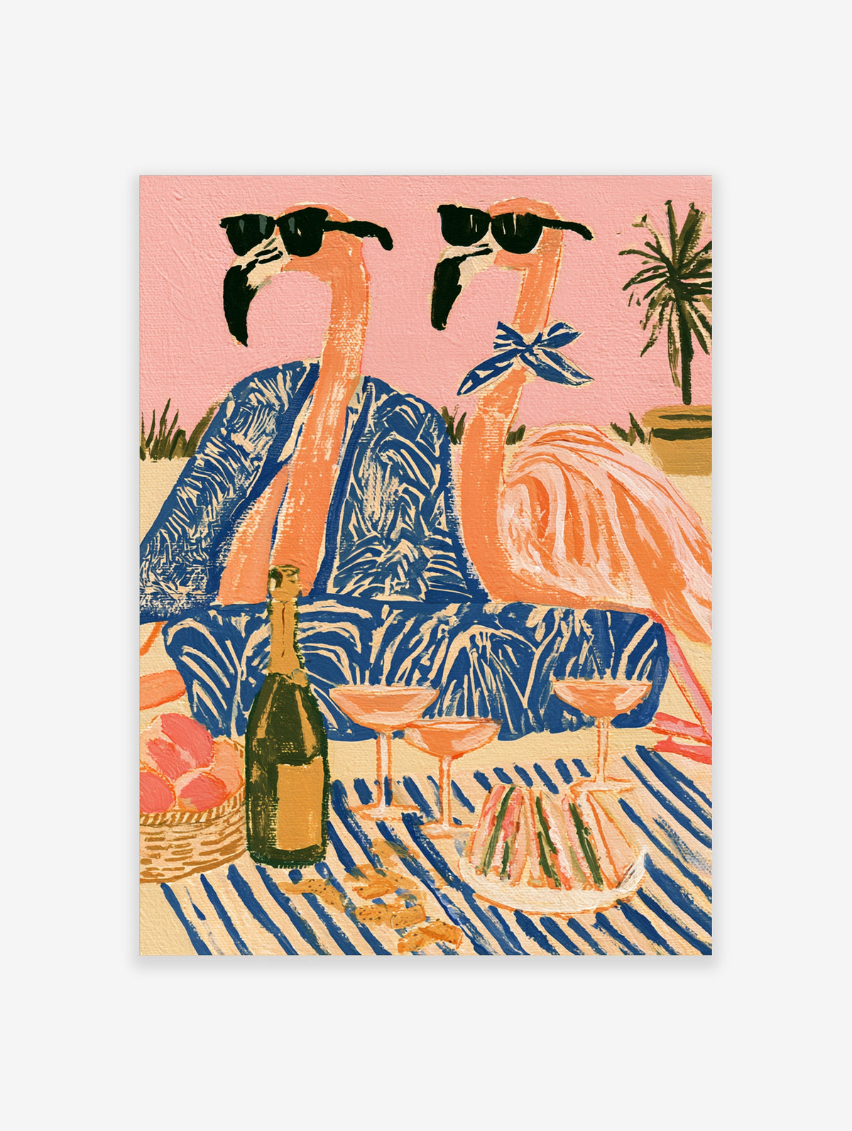 Tropical flamingo poster with two flamingos in sunglasses and blue shirts at a picnic table with champagne