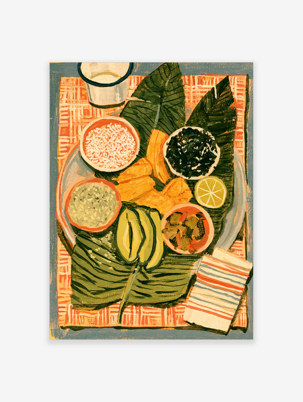 Tropical food still life print with rice, greens, plantain, avocado, and lime on green leaves