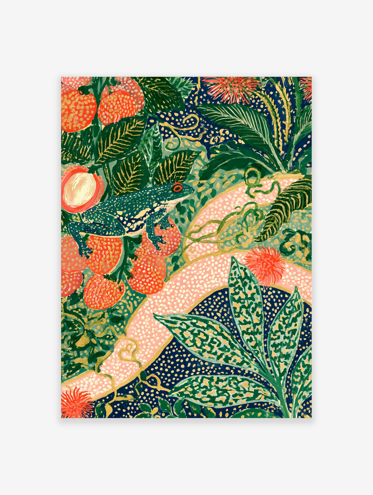 Tropical frog art print with blue and yellow frog on orange fruit among green jungle leaves