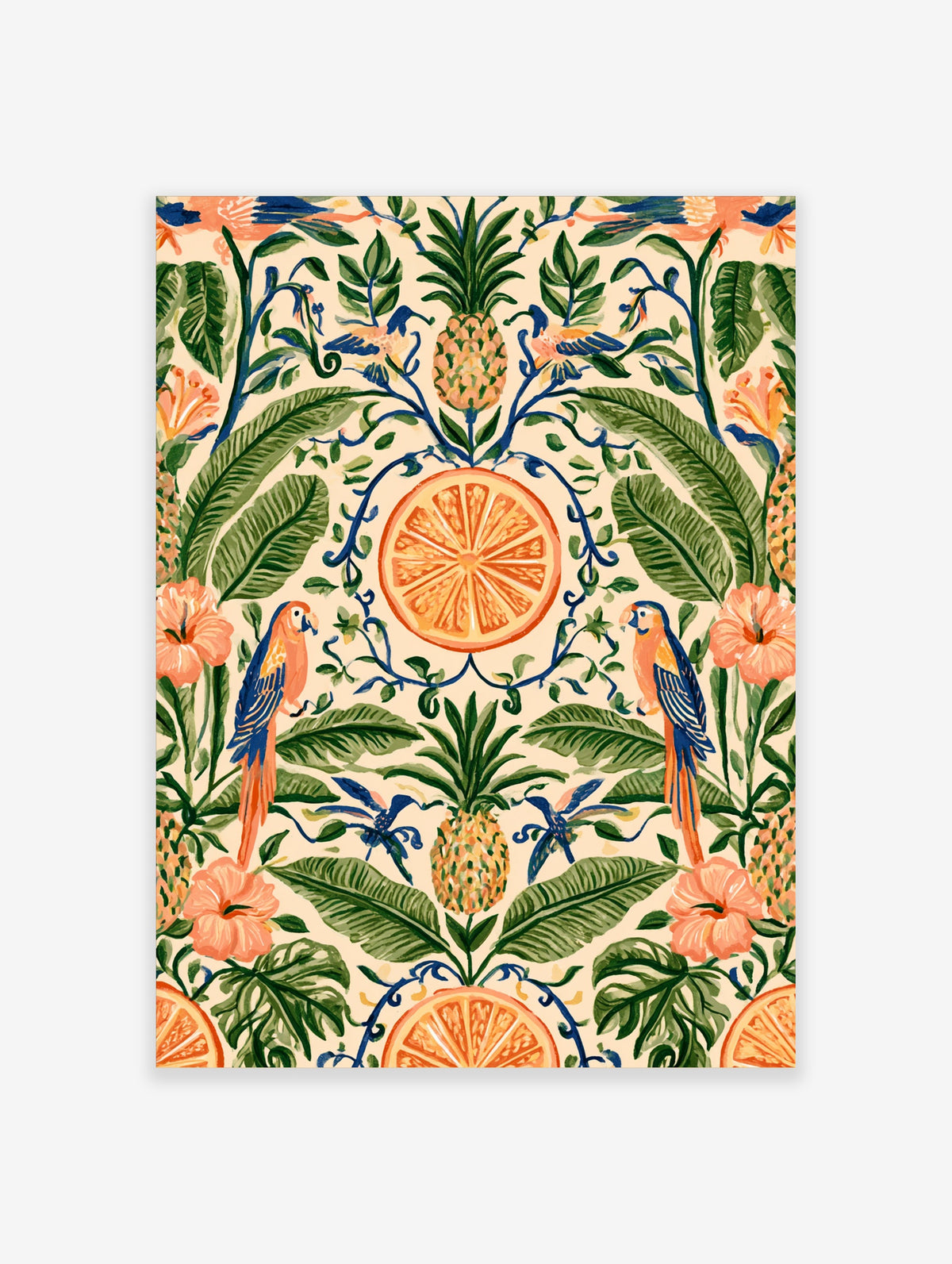 Tropical orange, pineapple, blue parrot and hibiscus botanical art print
