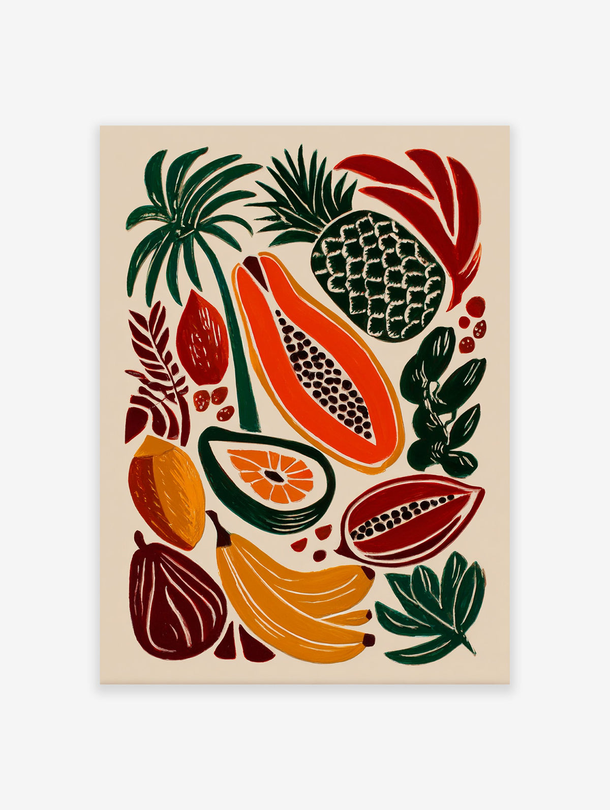 Tropical fruit poster featuring bold illustrations of papaya, pineapple, bananas, and tropical leaves on a light background.