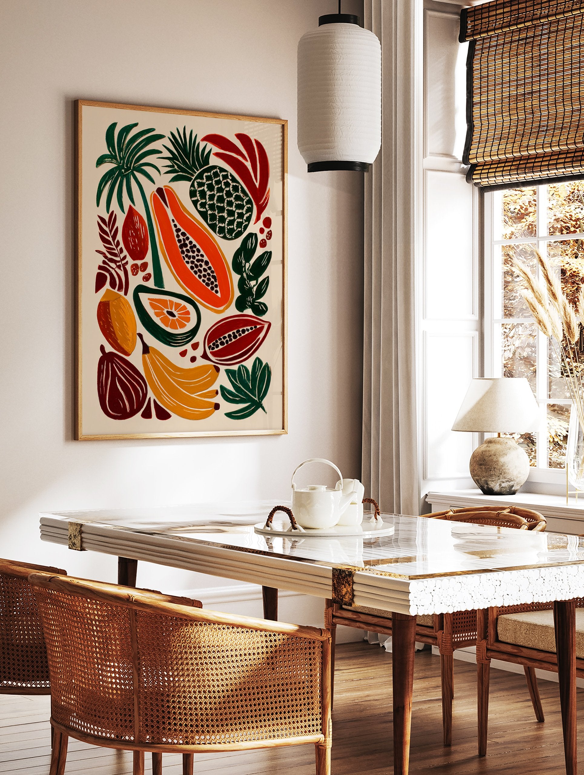 Tropical fruit poster featuring bold illustrations of papaya, pineapple, bananas, and tropical leaves on a light background. - Image 2