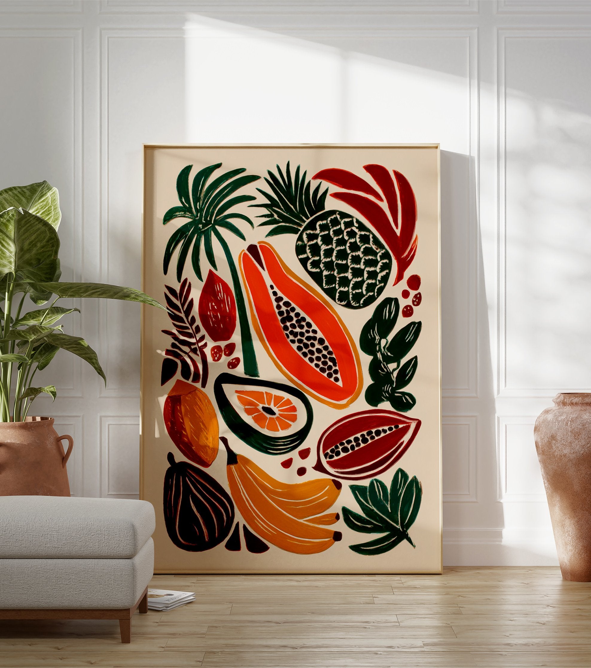 Tropical fruit poster featuring bold illustrations of papaya, pineapple, bananas, and tropical leaves on a light background. - Image 3