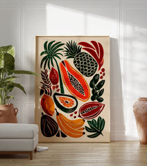 Tropical fruit poster featuring bold illustrations of papaya, pineapple, bananas, and tropical leaves on a light background. - Image 3