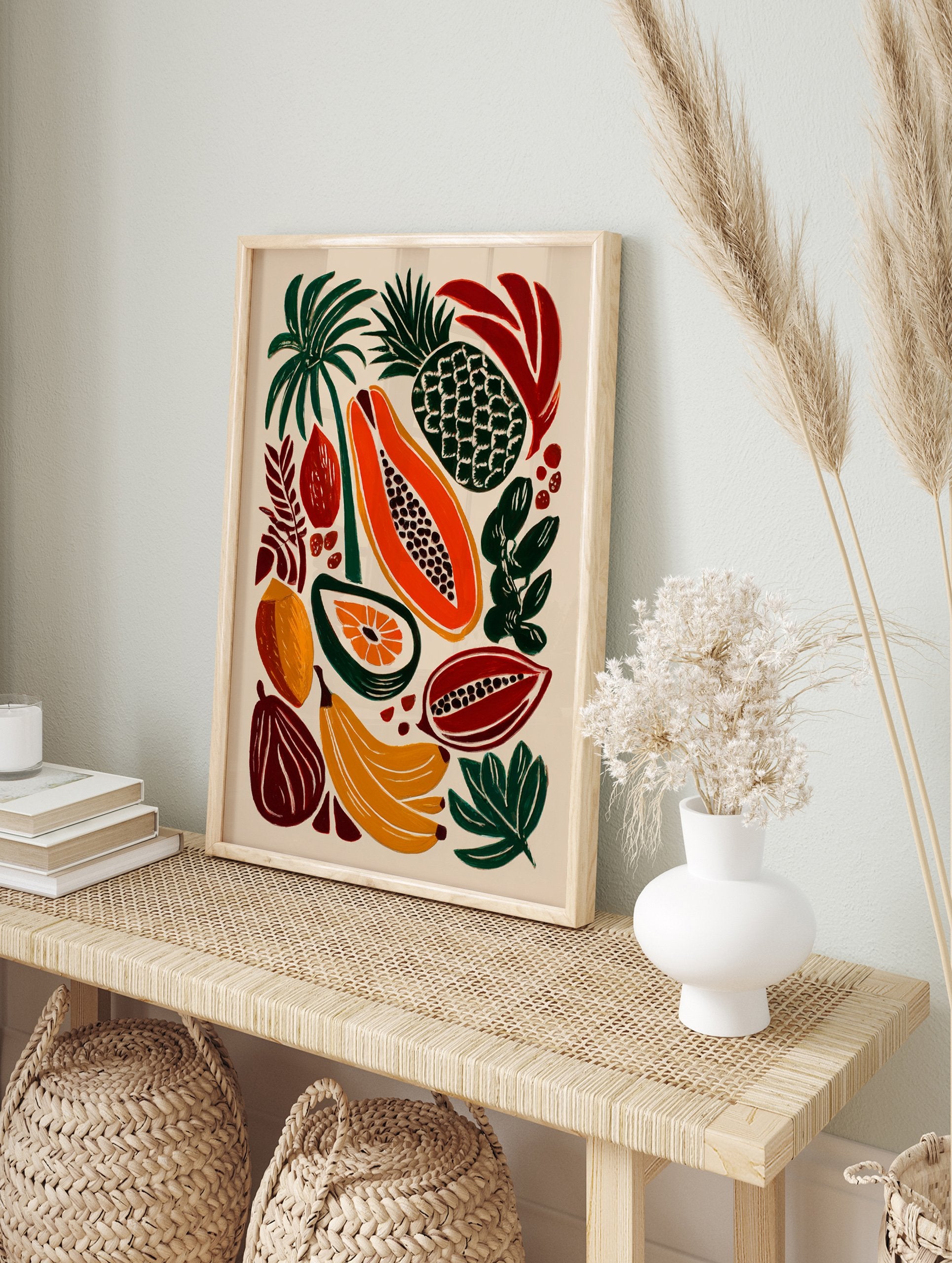Tropical fruit poster featuring bold illustrations of papaya, pineapple, bananas, and tropical leaves on a light background. - Image 4