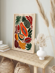 Tropical fruit poster featuring bold illustrations of papaya, pineapple, bananas, and tropical leaves on a light background. - Image 4