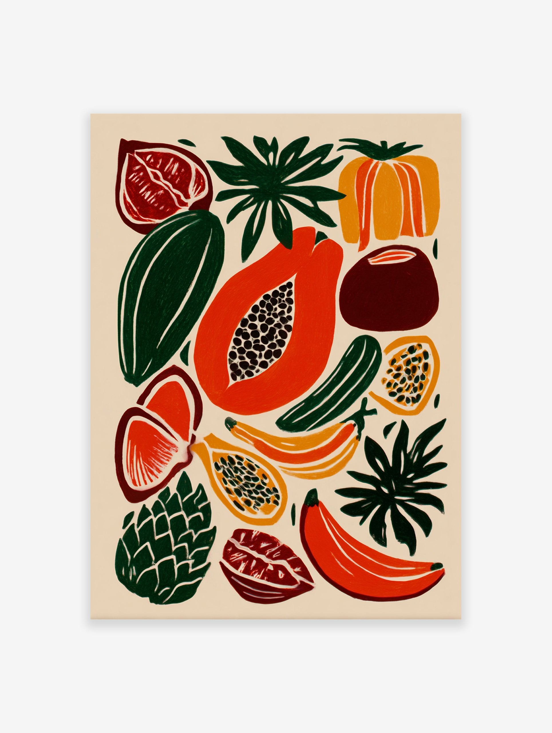 A vibrant tropical fruit poster featuring illustrated papaya, bananas, and other botanical elements in a modern style.