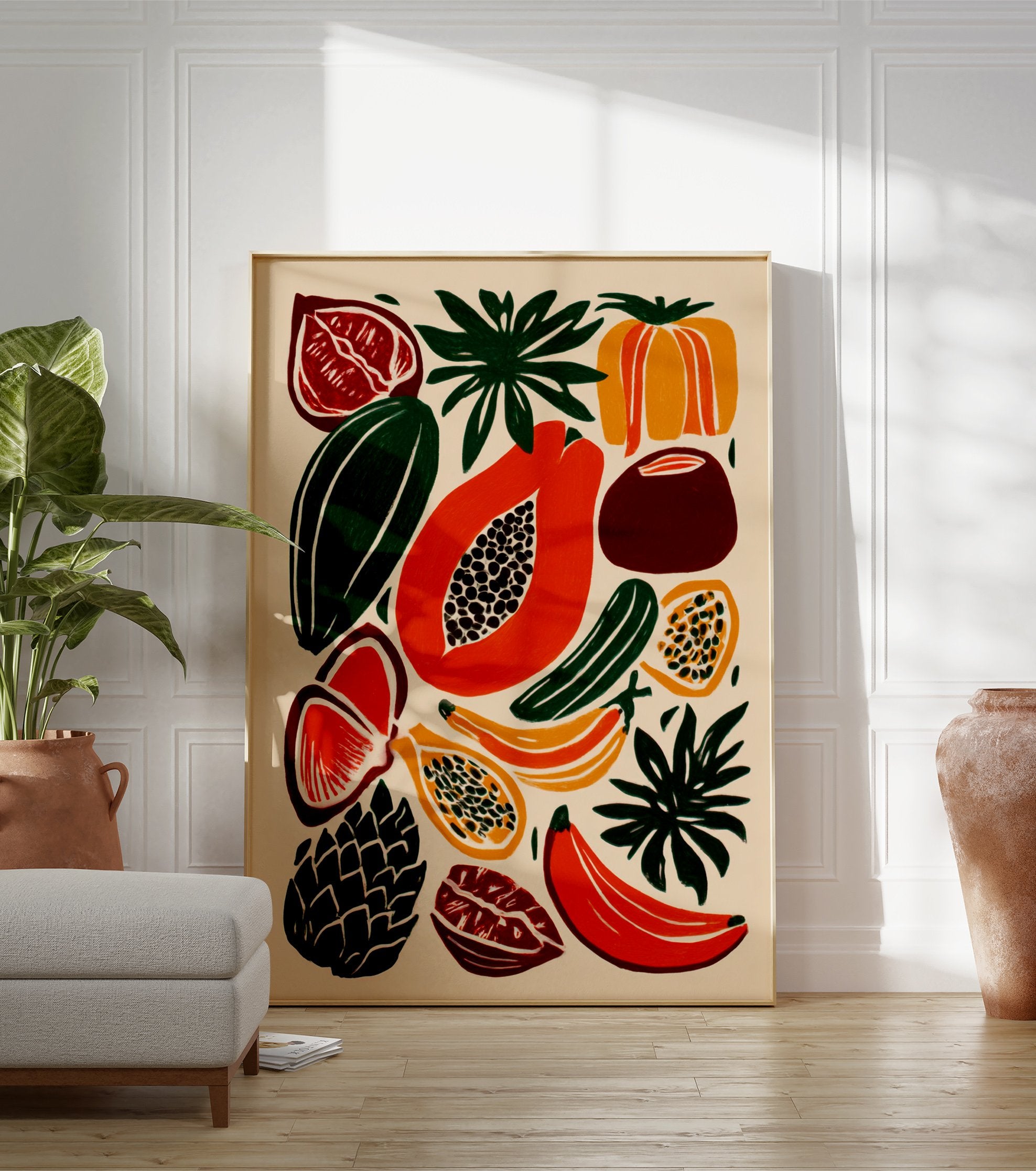 A vibrant tropical fruit poster featuring illustrated papaya, bananas, and other botanical elements in a modern style. - Image 3