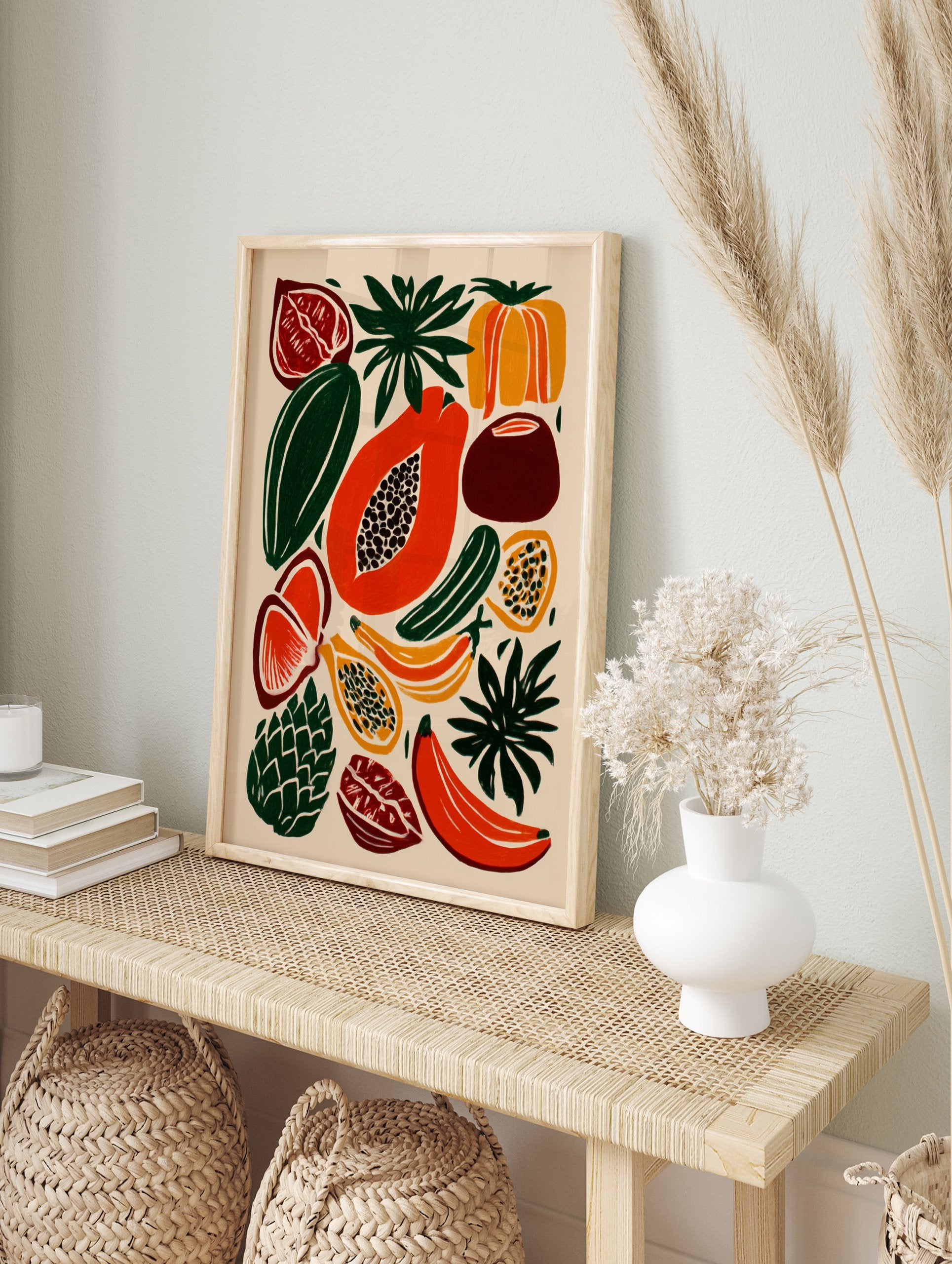 A vibrant tropical fruit poster featuring illustrated papaya, bananas, and other botanical elements in a modern style. - Image 4