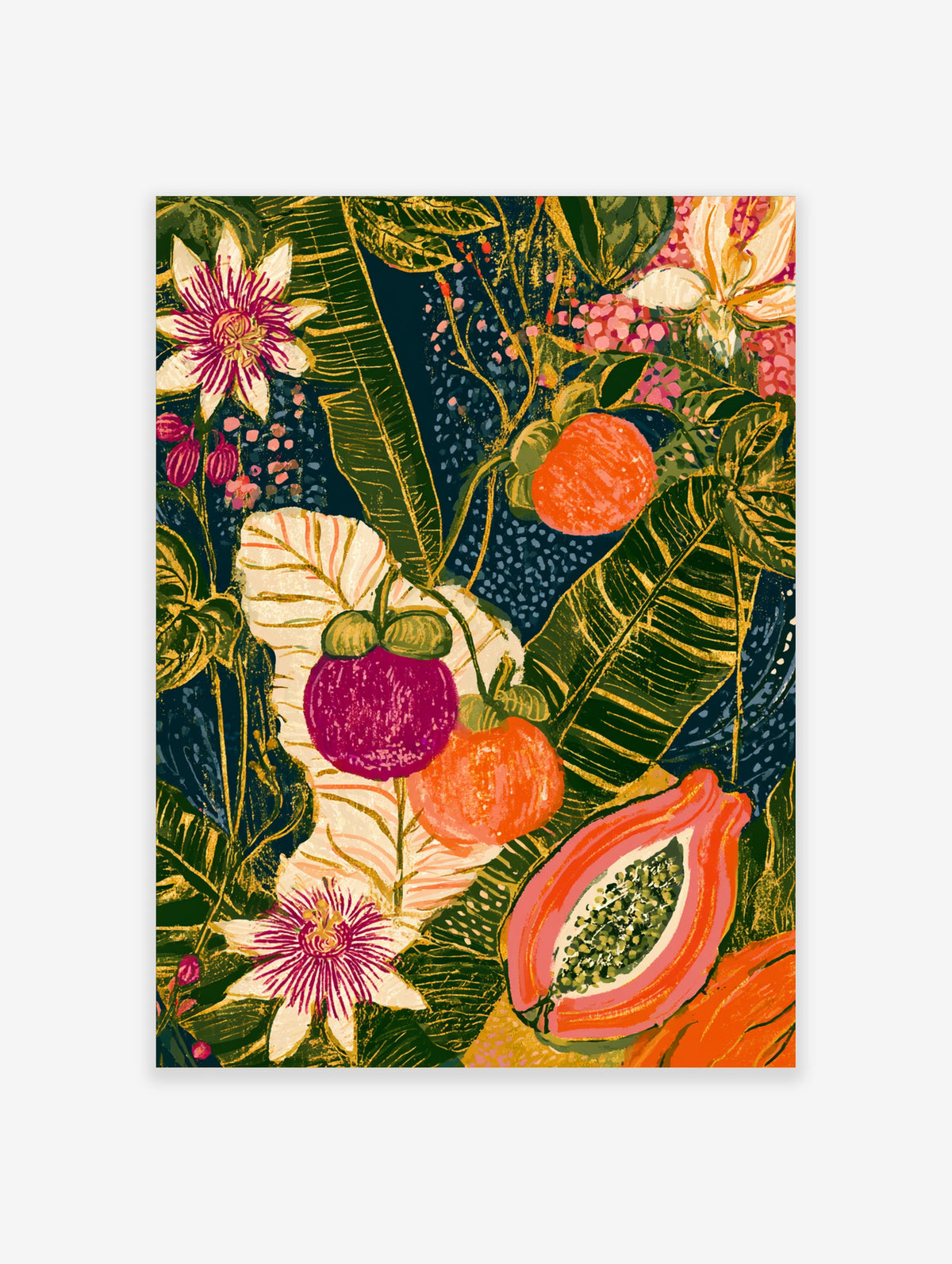 Tropical fruit poster with papaya, mango, mangosteen, passion flowers, and green leaves on dark background