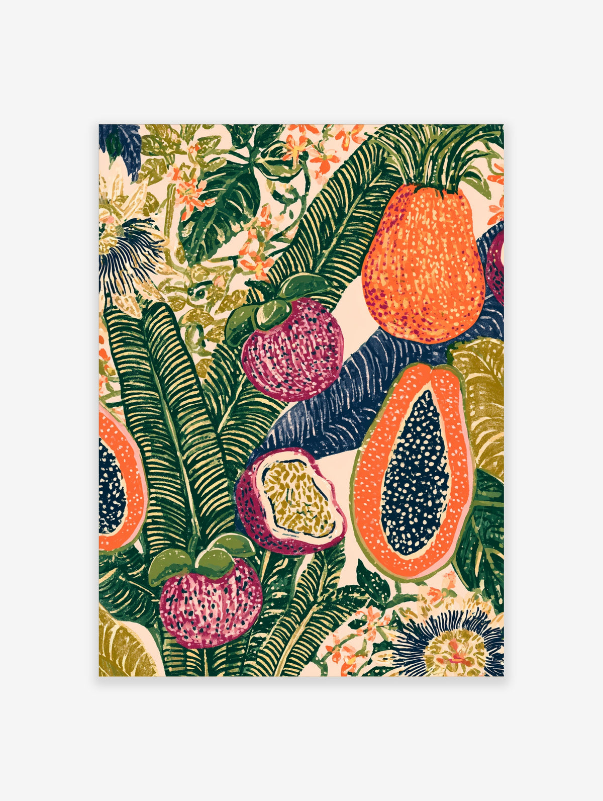 Tropical fruit poster with papaya, passion fruit, and pink fruit on green palm leaves