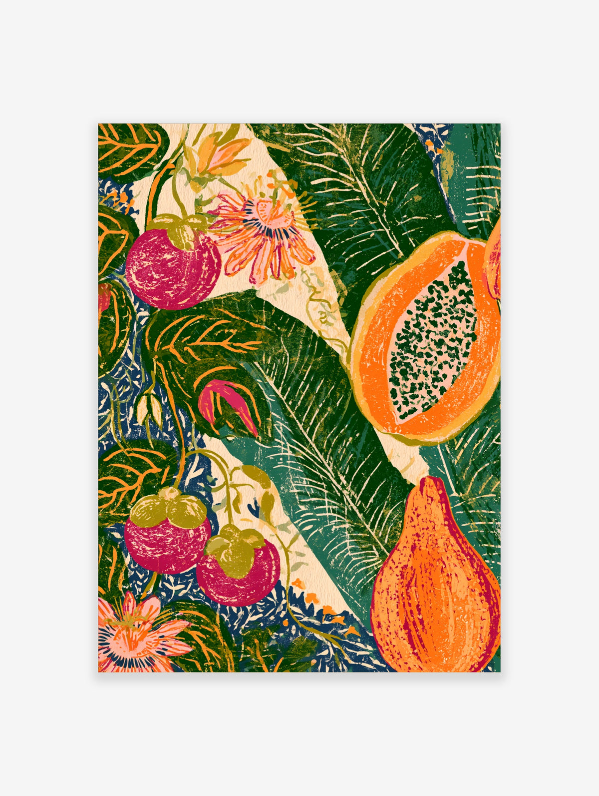 Tropical fruit art print with papaya, mangosteen and passionfruit on green leaves