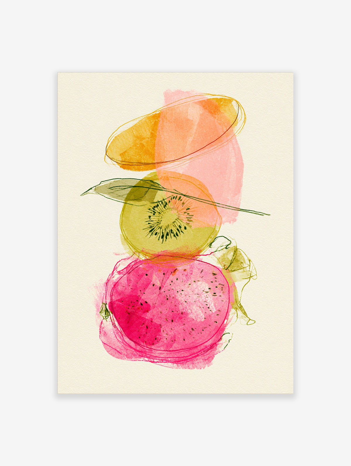 Tropical fruit poster with kiwi slice, dragon fruit, and orange watercolour shapes on cream paper