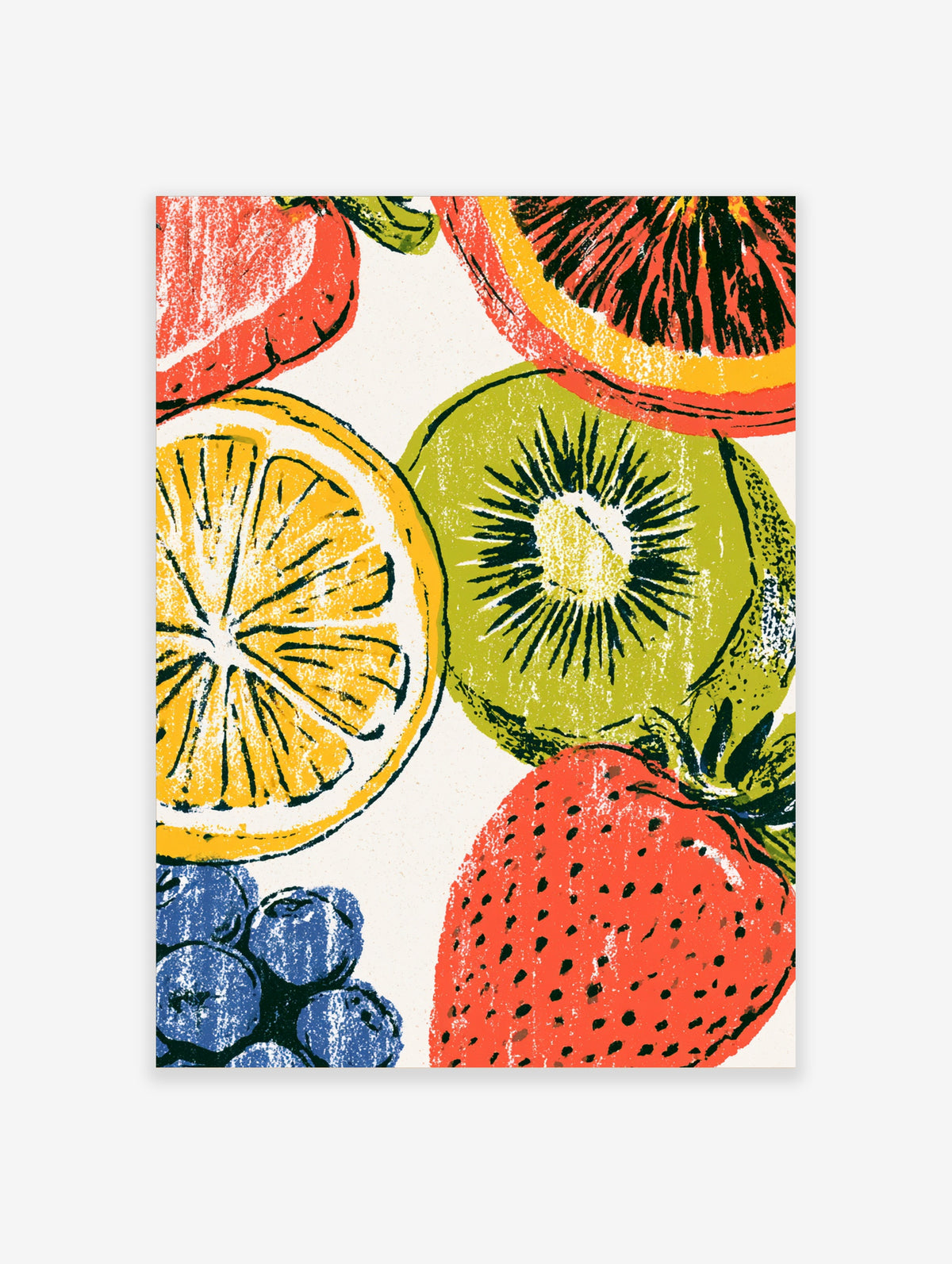 Tropical fruit poster with sliced kiwi, orange, lemon, strawberry and blueberries in bold risograph style