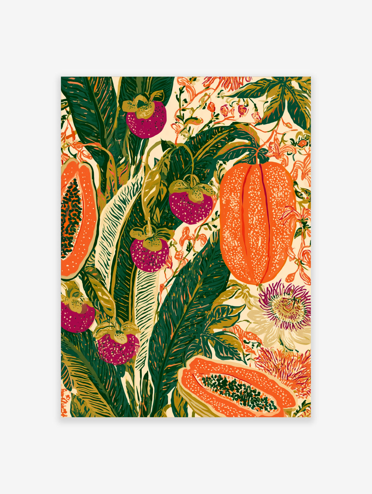 Tropical fruit wall art print with papaya, purple fruit, and passionflower on cream background