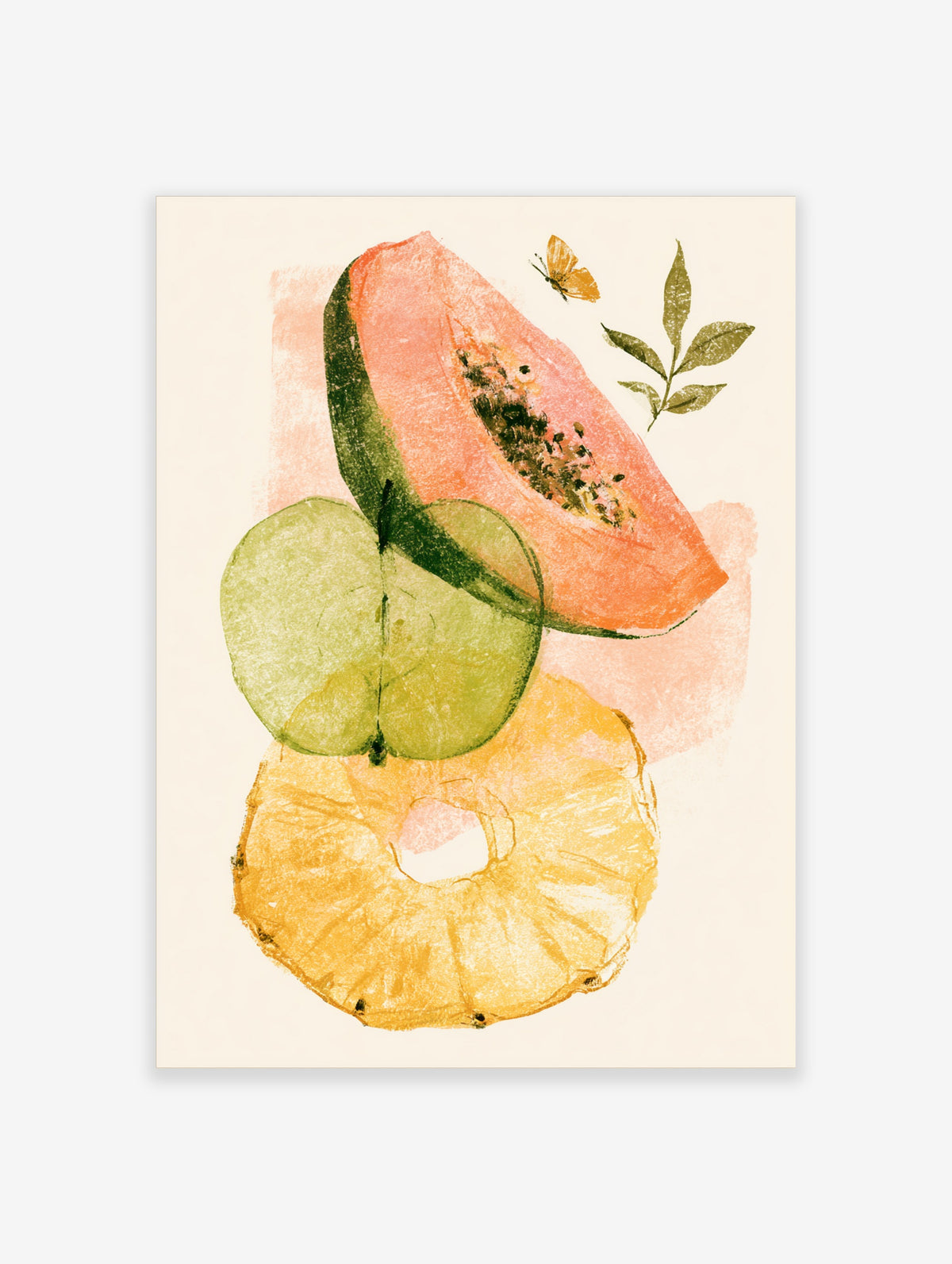 Tropical fruit art print with papaya, lime slices, pineapple ring, butterfly and leaf sprig on cream background
