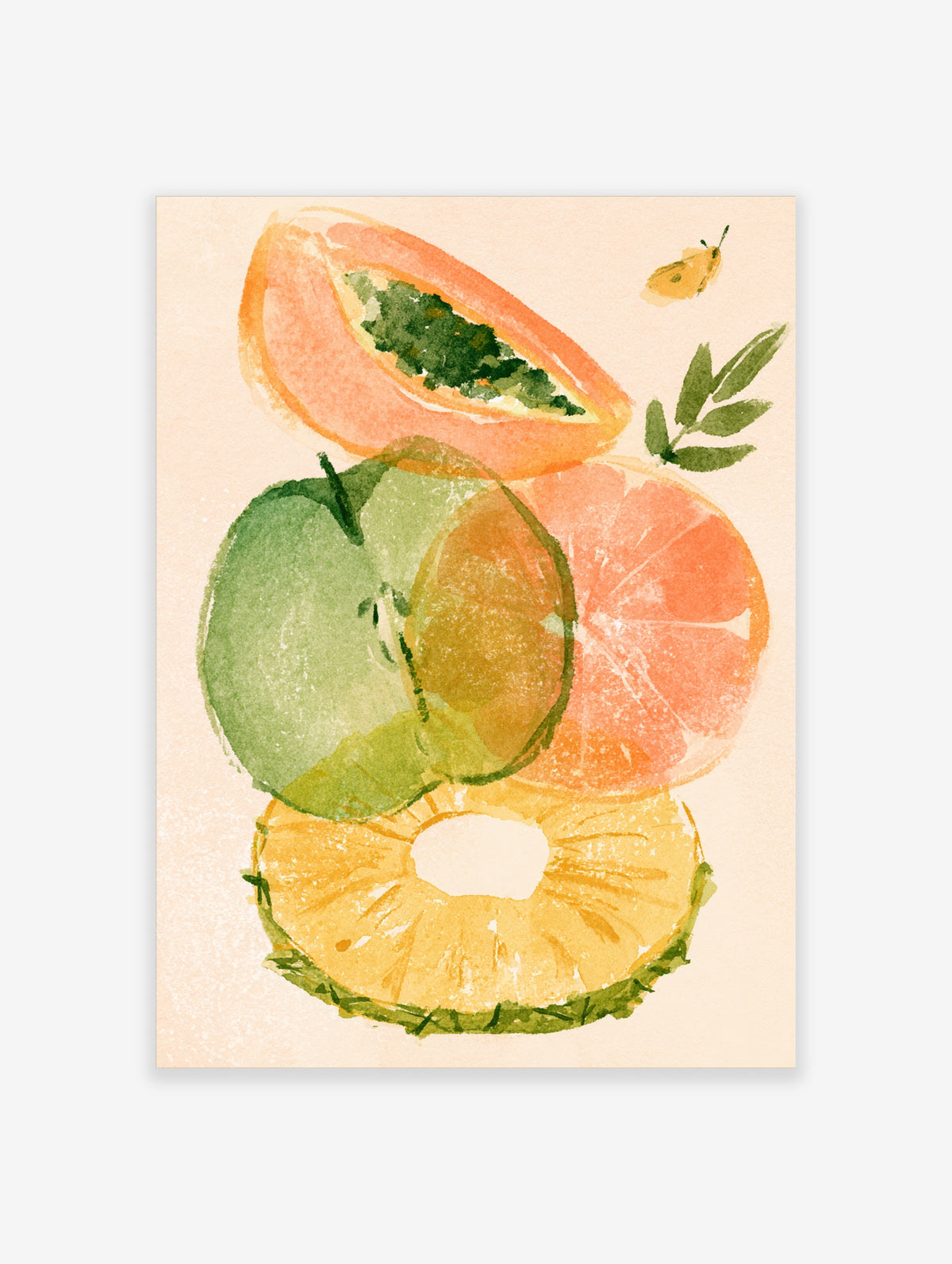 Tropical fruit watercolour art print with papaya, pineapple, lime and grapefruit on cream background