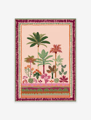 Tropical garden poster with lush green palm trees, colorful flowers, and a decorative border on a light pink background.
