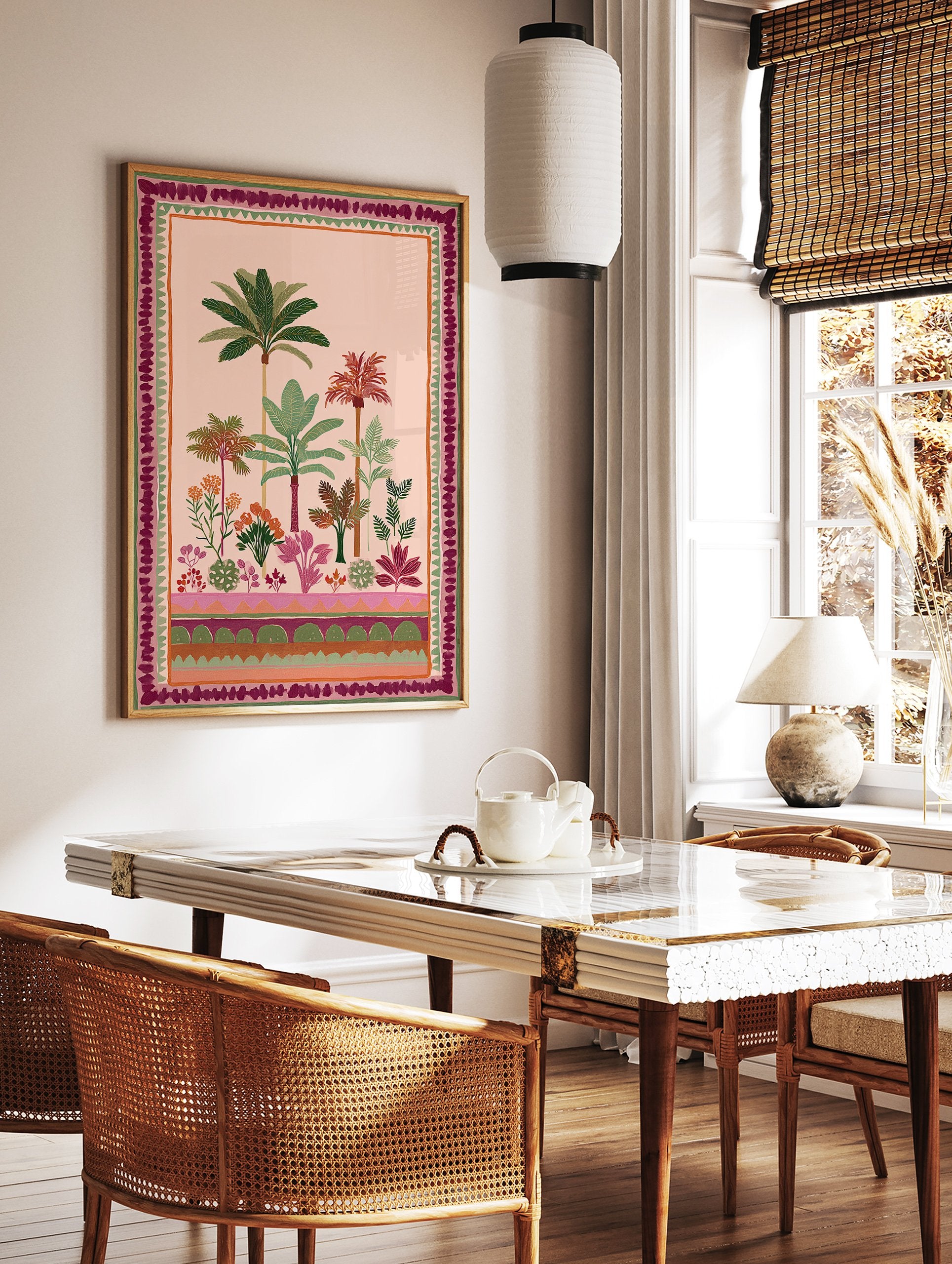 Tropical garden poster with lush green palm trees, colorful flowers, and a decorative border on a light pink background. - Image 2
