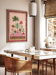 Tropical garden poster with lush green palm trees, colorful flowers, and a decorative border on a light pink background. - Image 2