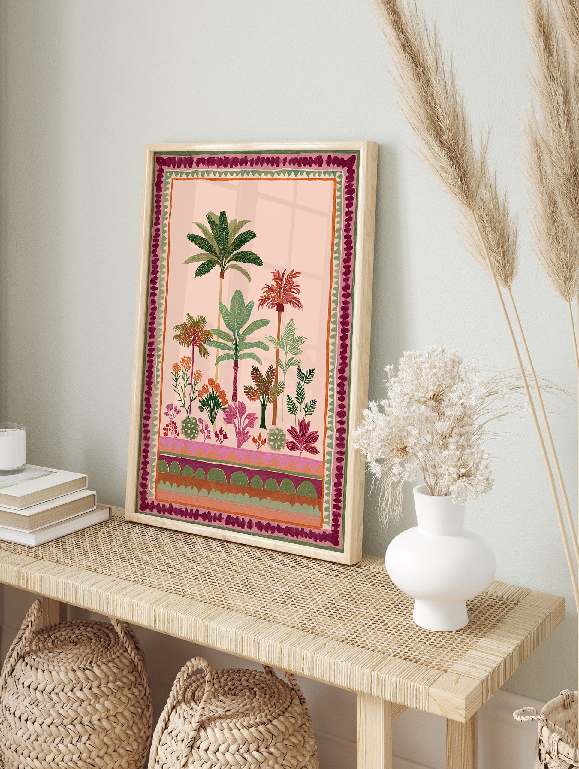 Tropical garden poster with lush green palm trees, colorful flowers, and a decorative border on a light pink background. - Image 4