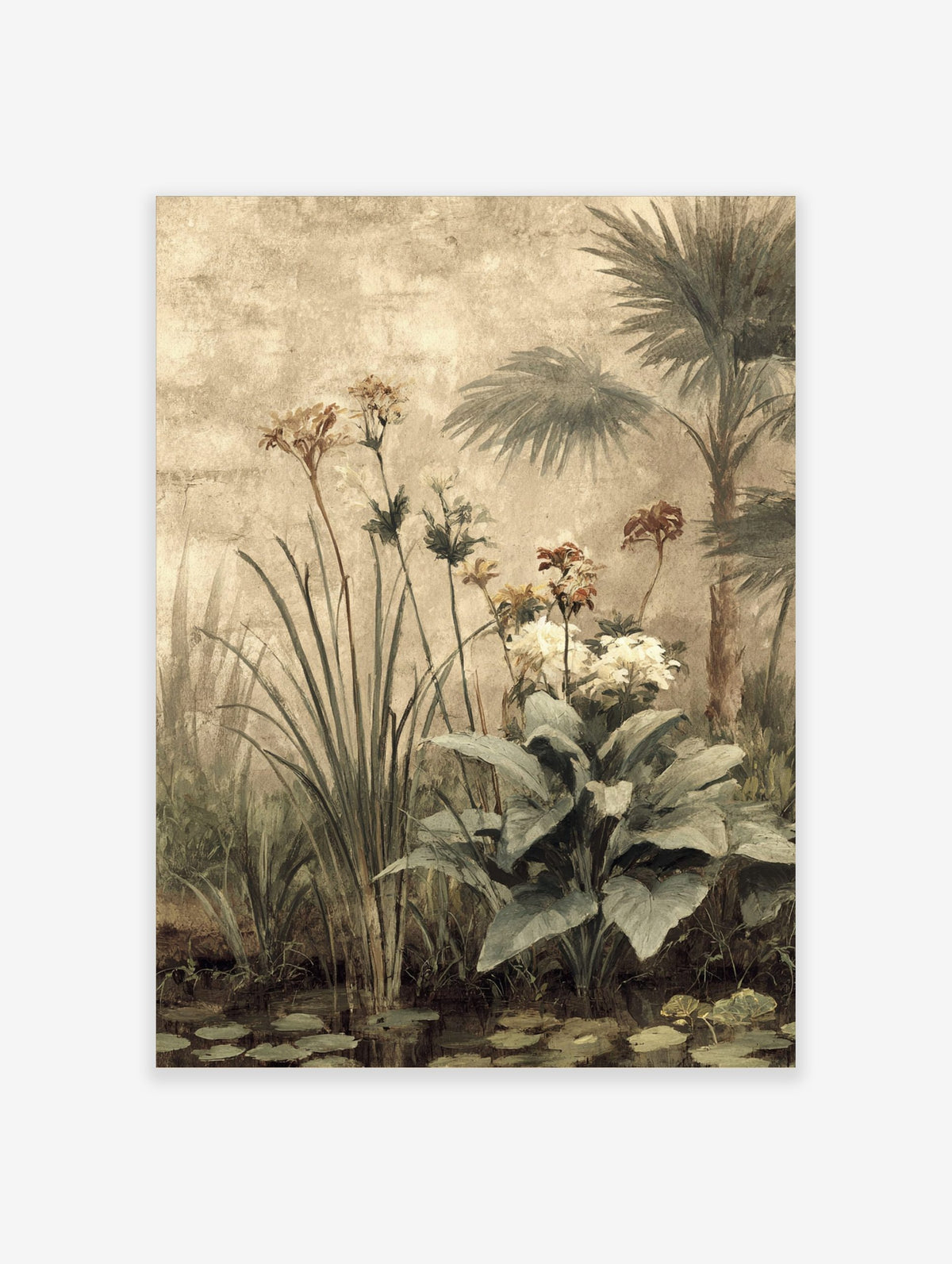 Botanical art print of a tropical garden with palm trees, tall grasses, and flowering plants over water with lily pads