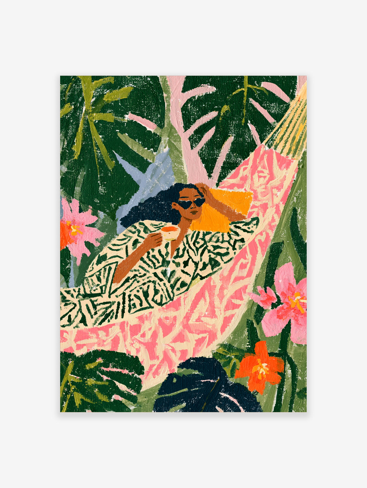 Tropical hammock art print of a woman in sunglasses holding a cup among green leaves and pink flowers
