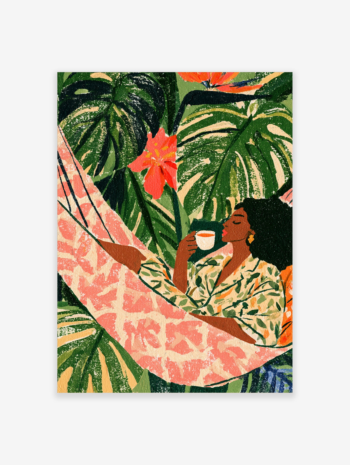 Tropical hammock art print of a woman resting with a cup among large green leaves and a red flower