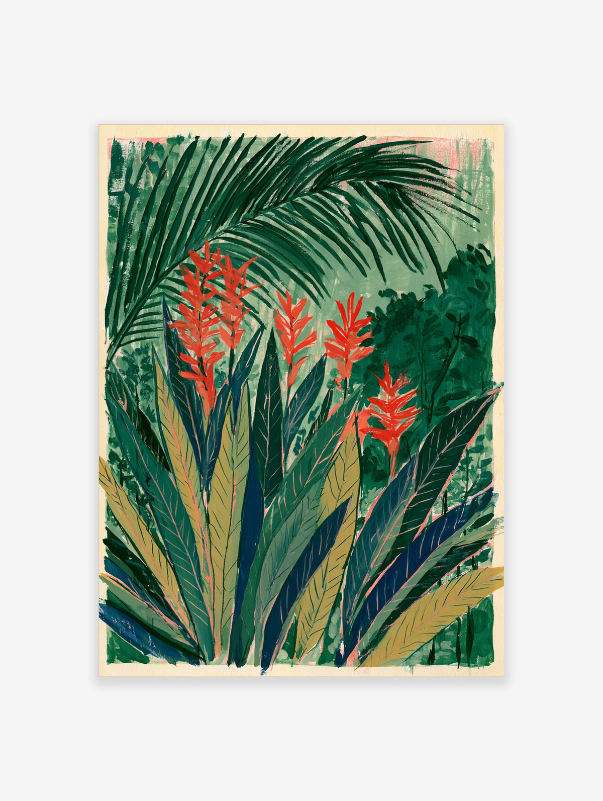 Tropical heliconia flower art print with red bracts and green leaves on dark background