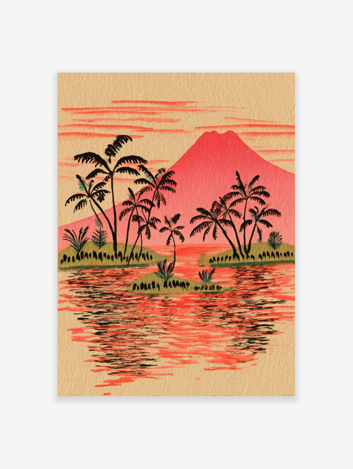 Illustrative tropical island landscape print with red volcano, black palm trees on green islets, and red water reflection