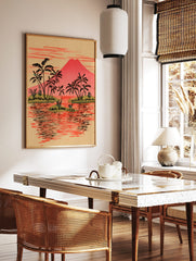 Illustrative tropical island landscape print with red volcano, black palm trees on green islets, in a styled room mockup