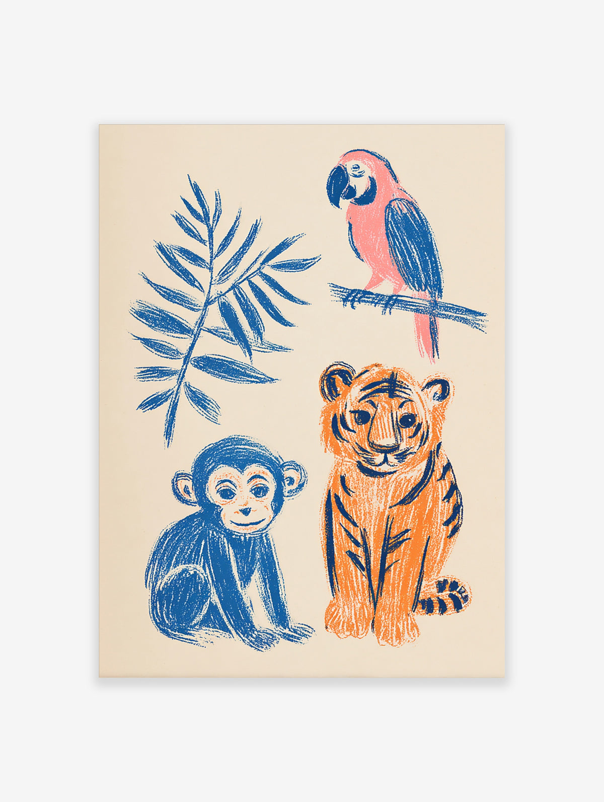 Tropical jungle animal poster with blue monkey, orange tiger, pink parrot, and blue palm leaf on beige background