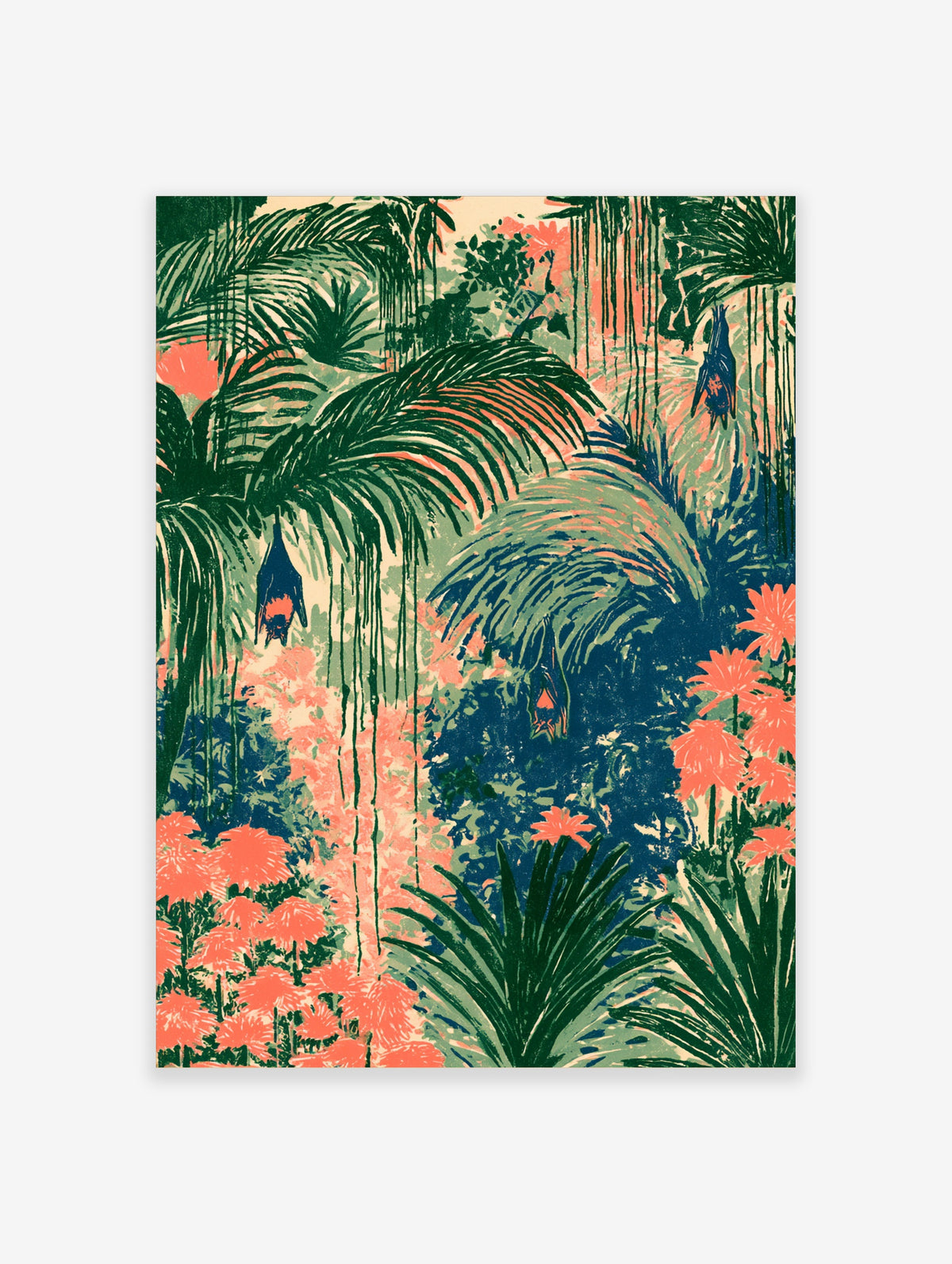 Tropical jungle art print with hanging bats, palm leaves and coral flowers in green and cream