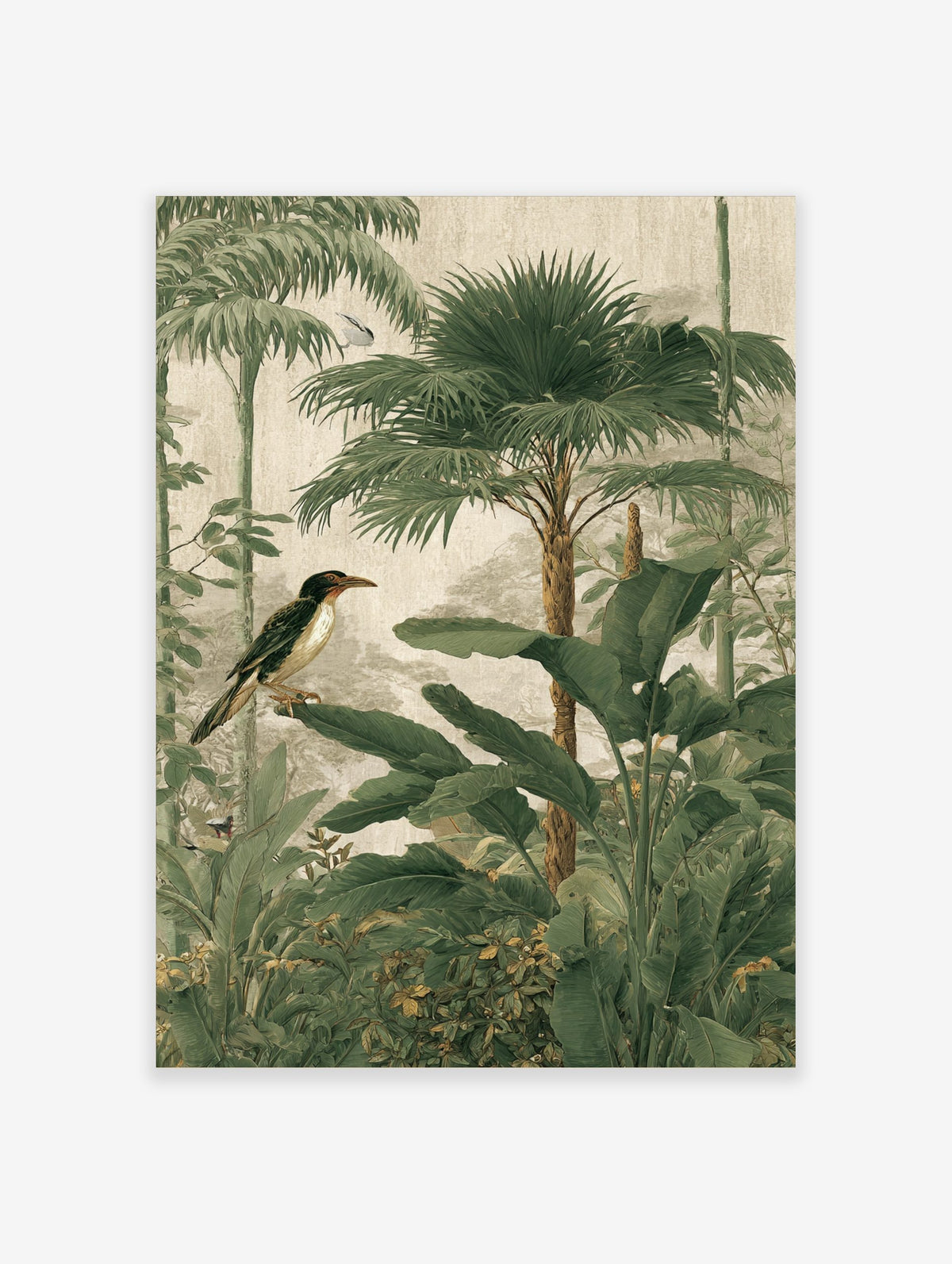 Tropical jungle wall art with a bird, palm trees, and lush green botanical foliage illustration