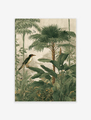 Tropical jungle wall art with a bird, palm trees, and lush green botanical foliage illustration