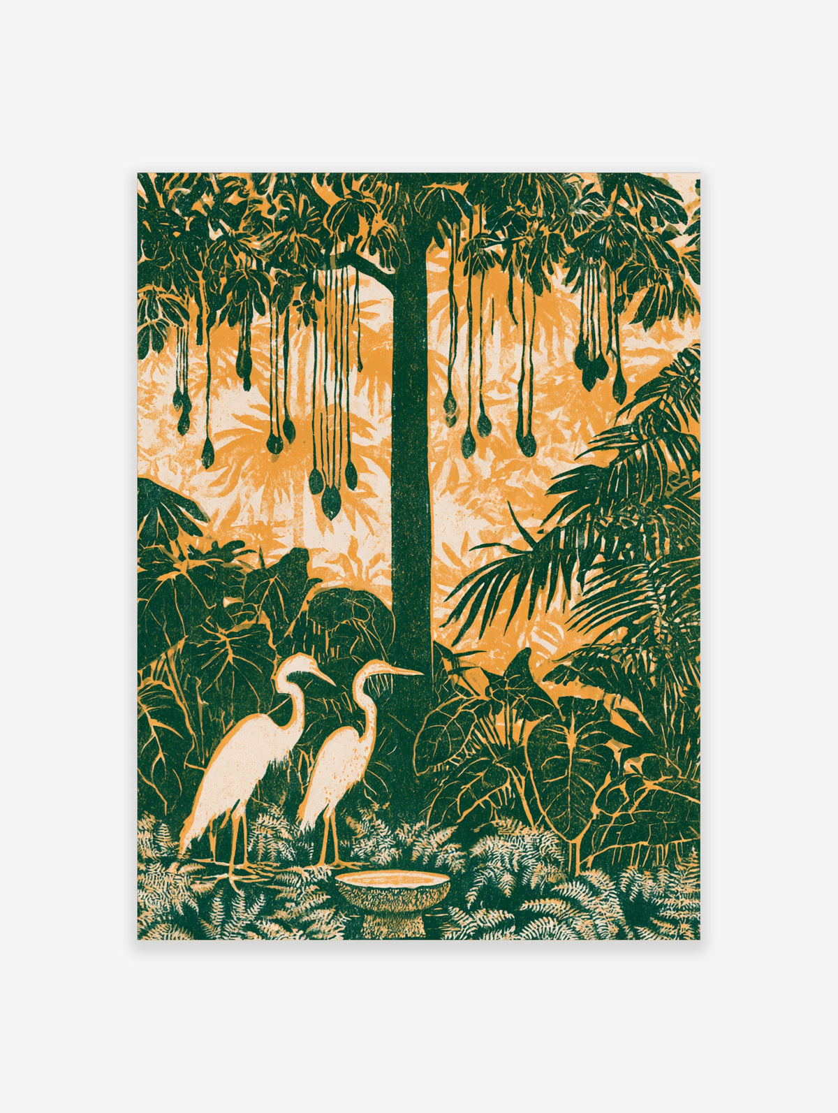 Tropical jungle poster with two white egrets, hanging pitcher plants and palm leaves in green and orange