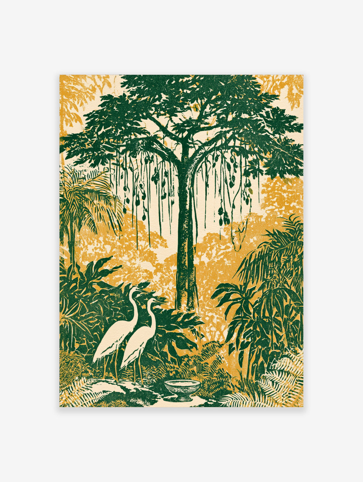 Tropical jungle poster with two white herons, hanging vines and palm leaves in green and yellow
