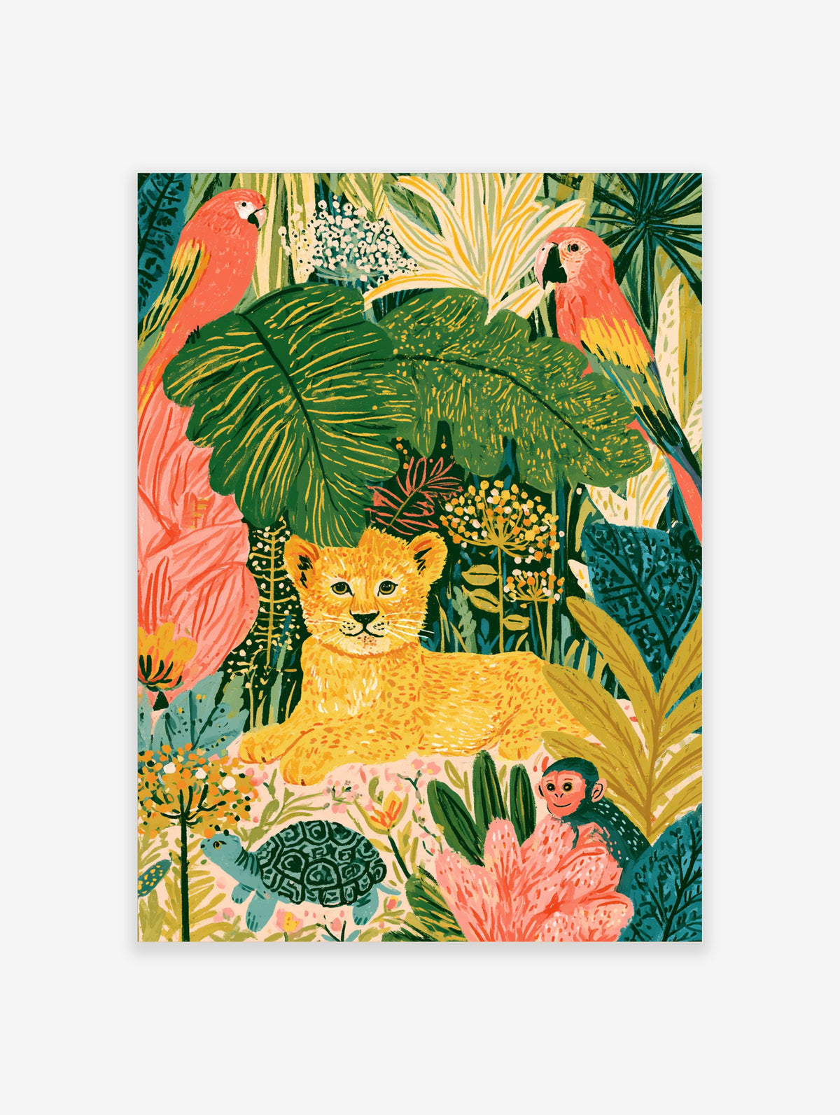 Tropical jungle illustration with a lion cub, red macaws, turtle and monkey among green leaves and pink flowers