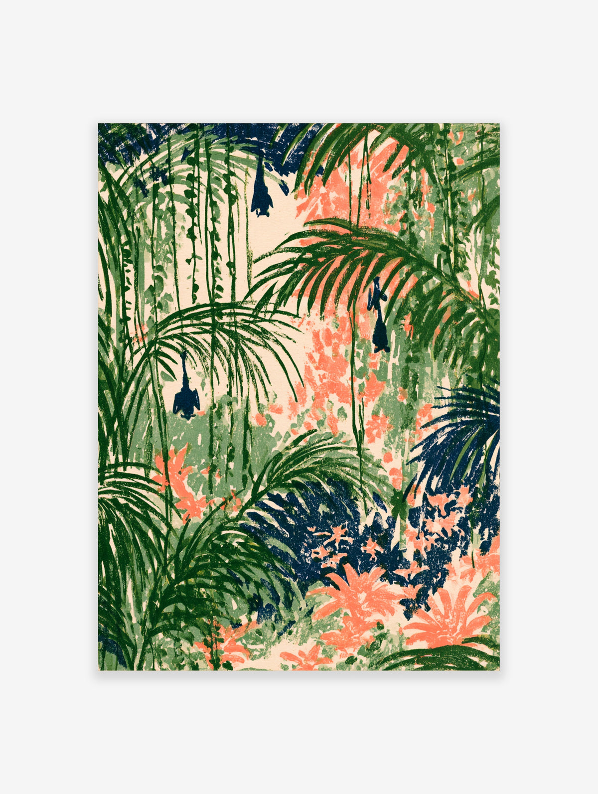Tropical jungle art print with green palm leaves, coral flowers, and dark blue monkeys hanging from vines
