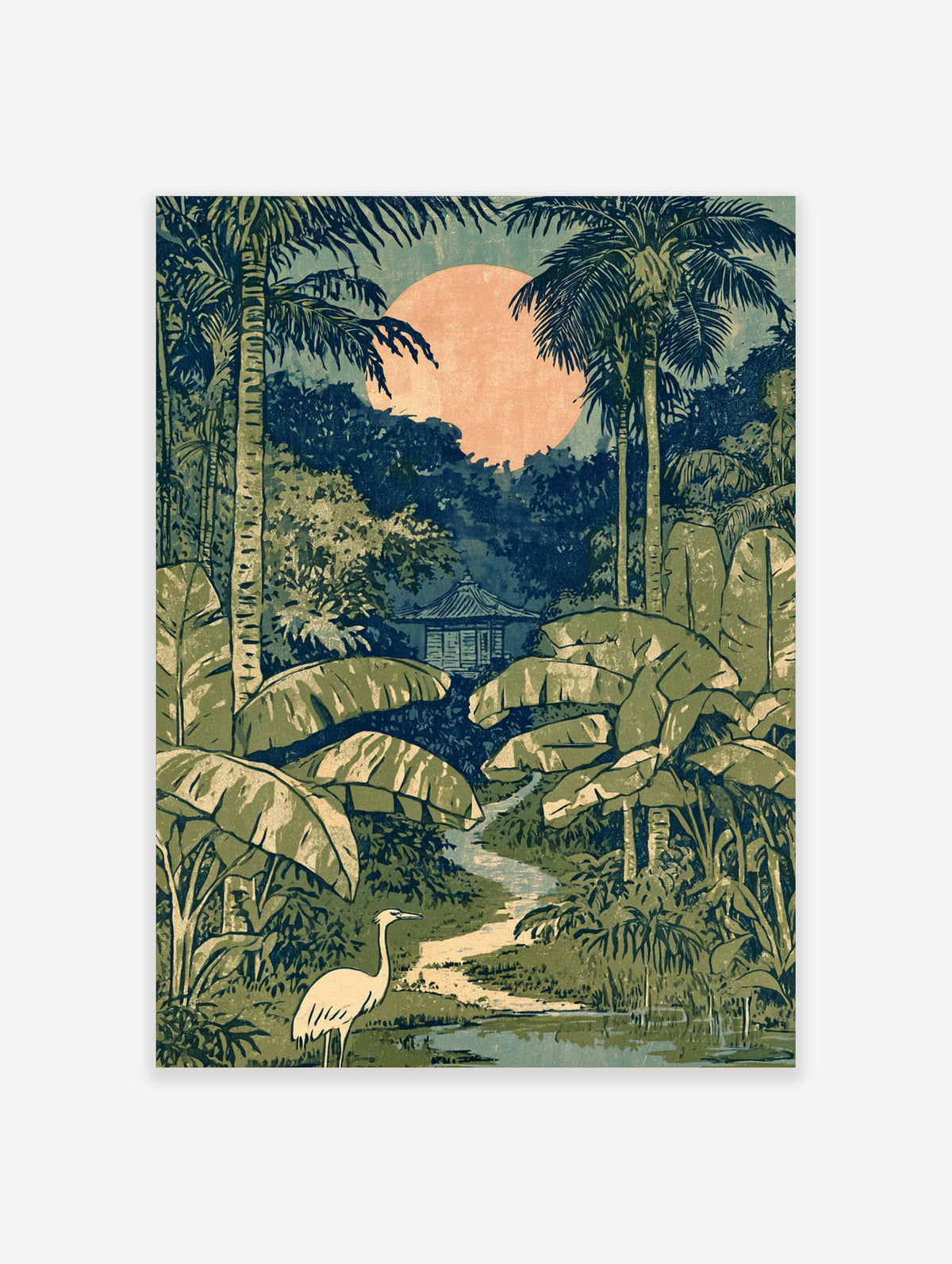 Tropical jungle poster with white heron, palm trees, Japanese pagoda and peach sun
