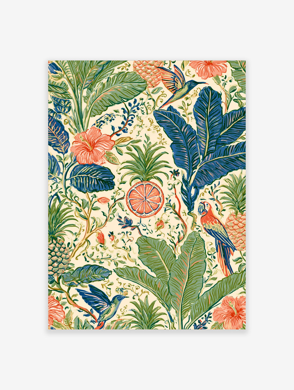 Tropical jungle art print with blue leaves, coral hibiscus, parrot, hummingbirds and citrus slice