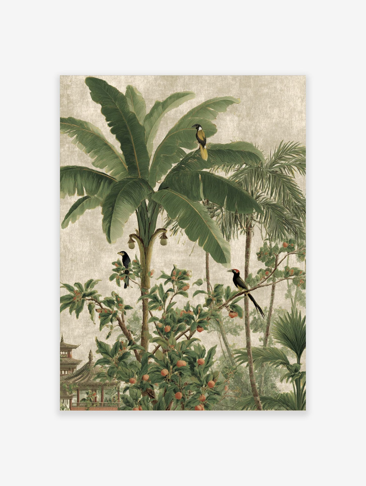 Tropical jungle landscape wall art with banana trees, palm fronds, exotic birds, and a pagoda building