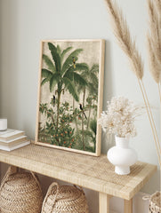 Tropical jungle landscape wall art with banana trees, palm fronds, exotic birds, and a pagoda, in an alternate framed mockup