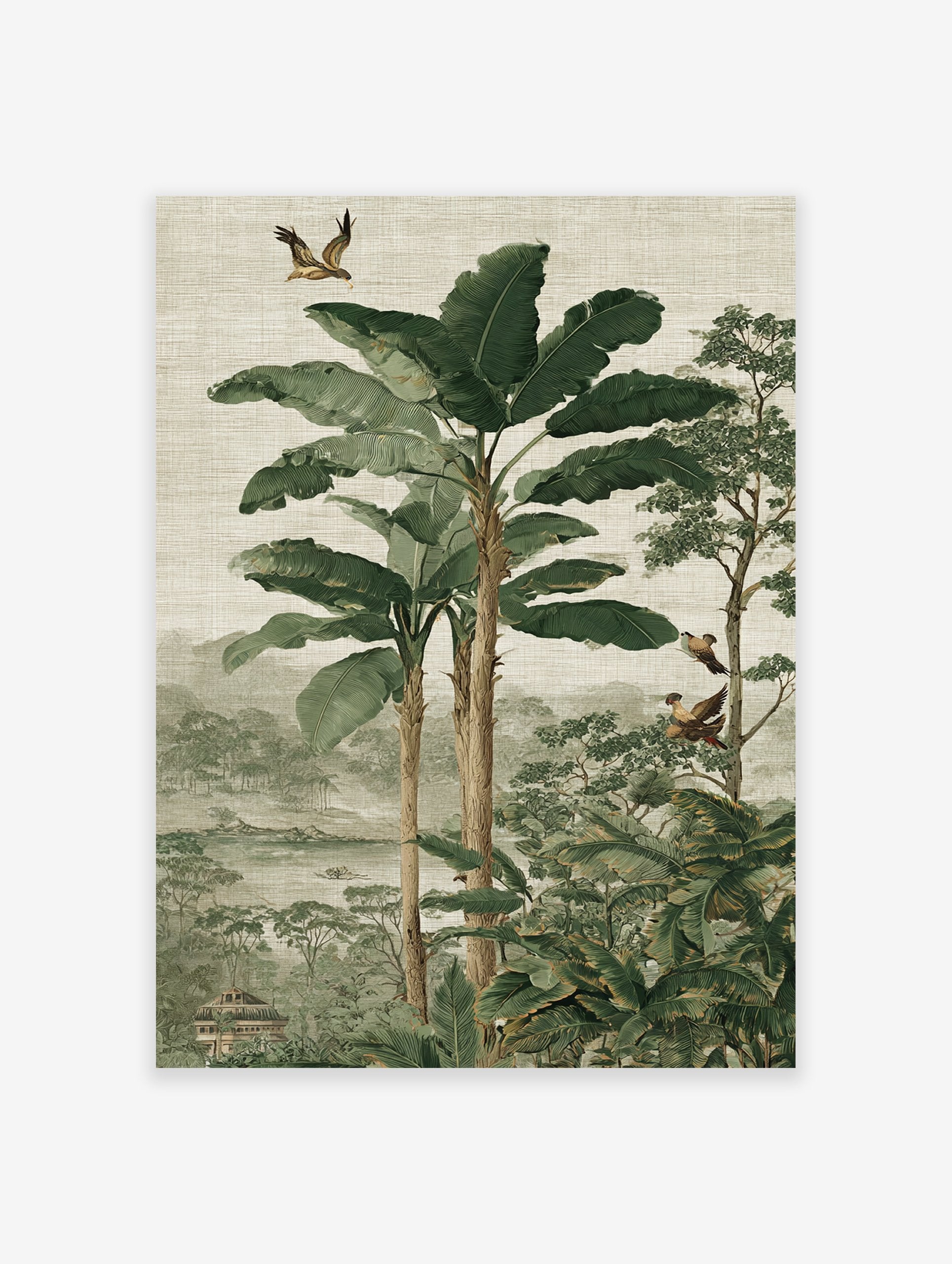 Lush tropical jungle wall art with large green banana leaves, tall trees, exotic birds, a river, and distant misty mountains.