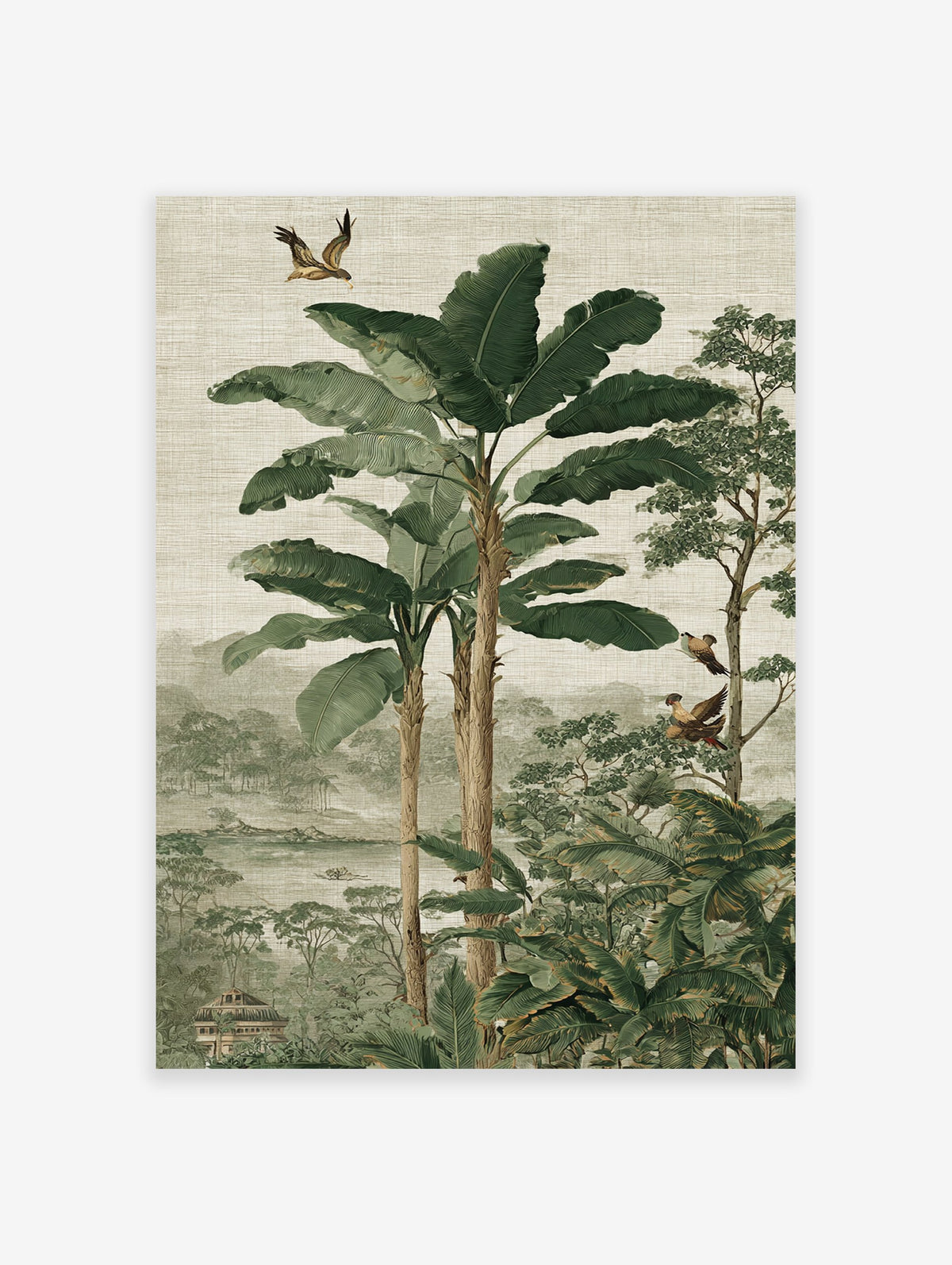 Lush tropical jungle wall art with large green banana leaves, tall trees, exotic birds, a river, and distant misty mountains.