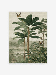 Lush tropical jungle wall art with large green banana leaves, tall trees, exotic birds, a river, and distant misty mountains.
